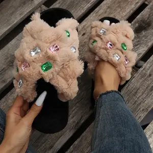 J&H trendy 2023 chic rhinestone jewelry fur slippers cross strap fluffy home slippers for women