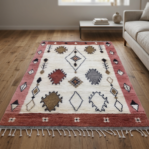 Tapis marocain Beni Ourain fait main, géométrique, 100% laine, lavable, rose, rectangulaire, pour chambre à coucher, salon - Product Image 3