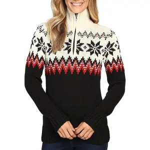 사용자 정의 로고 터틀넥 넥 울 페어 아일 자카드 하프 지퍼 스웨터 니트 풀오버 따뜻한 노르웨이 스키 스웨터 여성