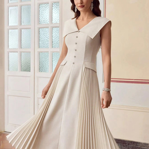 High Quality Summer Casual Temperament Elegant Commuting Fashion Solid Color Vest Pleated <strong>Dress</strong> - Product Image 1