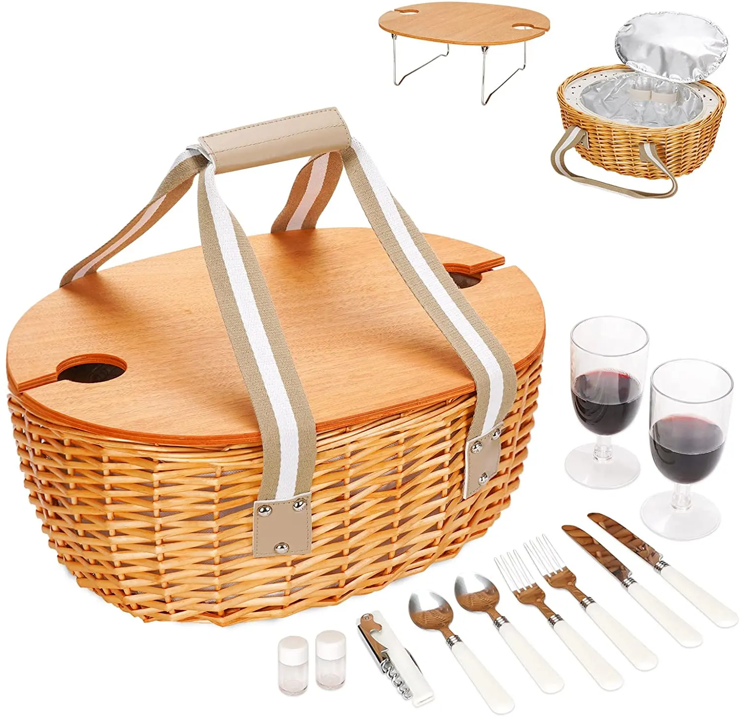 Cesta de pícnic de mimbre para 2 personas, compartimiento grande aislado para nevera y mesa plegable, Kit de Servicio de cubiertos, juego de cesta de mimbre