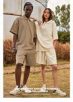 Conjunto de Polo y Pantalones Cortos para Hombre, Premium, Transpirable, Estilo Waffle, Corte Holgado, Casual, Manga Corta, Pantalones Cortos con Cordón Ajustable, Estilo Urbano