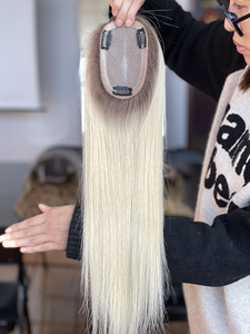 Extensions capillaires 100 % naturelles vierges européennes pour femmes, avec raie au milieu, lisses, blondes dorées, pour cheveux clairsemés, base en soie - Product Image 3