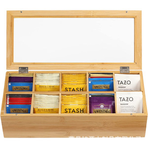 Wooden <b>Tea</b> Bag Storage <b>Box</b> With Partitions 14.3x6.3x3.3 Inches Flip Top Transparent Lid Office Organizer - Product Image 5