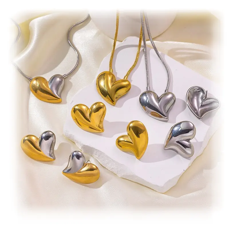 Carline Fashion Large Heart Shaped Jewelry Set Fashion Stainless Steel 18K Gold Plated Pendant Necklace Stud Earrings for Women