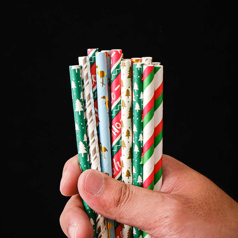 Wholesale Custom Disposable Biodegradable Colorful Paper Straws Christmas Inspired Disposable Drinking Straws