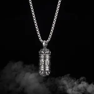 Tibetan Buddhist Urn Amulet Pendant Six-Character Mantra Lotus Long Necklace For Ashes Stainless Steel Chain Jewely Accessories