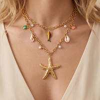 Collier tendance transfrontalier en acier inoxydable plaqué or avec pendentifs multiples étoile de mer et perles imitation émail, chaîne en bambou