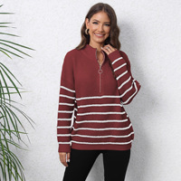 Pull en laine d'hiver pour femme, style preppy décontracté, tricoté à rayures, col semi-ouvert zippé, manches longues, coupe ample et épaisse