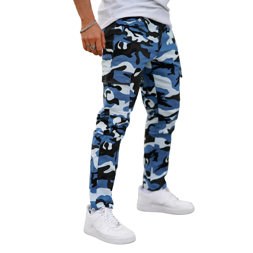 Gingtto Calças Cargo Slim para homens de moda de rua alta camuflada azul personalizada