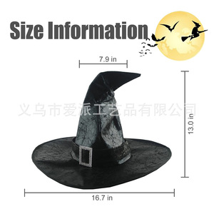 Sombrero de Bruja de Halloween, Satén Negro con Hebilla de Diamantes de Imitación, Accesorio de Disfraz Unisex para Fiestas - Product Image 2
