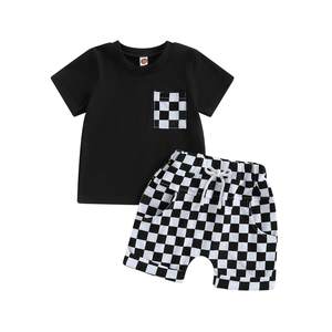 Hongbo OEM Vêtements pour garçons Ensembles de t-shirts Imprimés à carreaux Spandex/Coton Casual Vêtements pour adolescents Enfants Filles et garçons de 2 à 10 ans - Product Image 4
