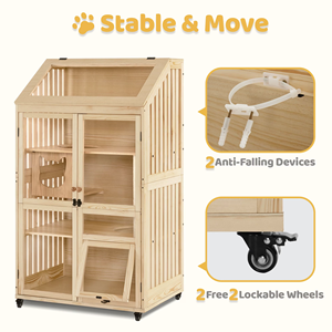 Villa pour chat multi-niveaux en bois de qualité supérieure, avec toit ouvrant, portes de sécurité verrouillables, roulettes et protection imperméable pour intérieur - Product Image 4