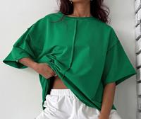 T-shirt court oversize à épaules tombantes pour femme, couleur unie, col rond, manches courtes, décontracté, coupe ample, pour le streetwear quotidien