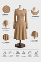 Robe Vintage Femme Col Rond Manches Longues en Maille Torsadée 300 GSM, Longueur Genou, Hiver, Douce, Élégante, Opaque, Logo Personnalisé, OEM, Vente en Gros