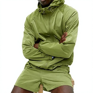 <b>Men's</b> Olive <b>Green</b> Waterproof Hooded Windbreaker Jacket & <b>Shorts</b> 2-Piece Set Lightweight Sporty Summer Outfit Full Sleeve - Product Image 1