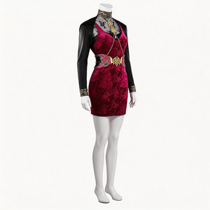 Conjunto de vestido de terciopelo para Cosplay de Ada Wong, disfraz rojo con bordado dorado para juegos de rol de Anime - Product Image 4