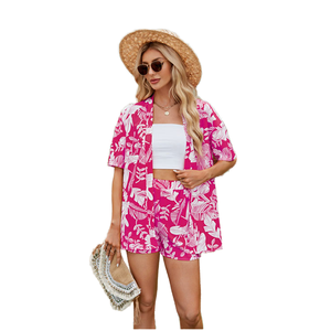 Women's Casual Daily Wear Floral Digital Printing Short Sleeve Shirt Elastic Waist Shorts <b>Set</b> Breathable Loose Fit for Summer - Product Image 1