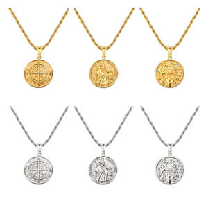 Halskette mit Kompasskette, Vereistem Löwen-Tieranhänger, Edelstahl-Schmuck, Engel- und Antik-Münz-Anhänger, 18 Karat Echtvergoldet - Product Image 2