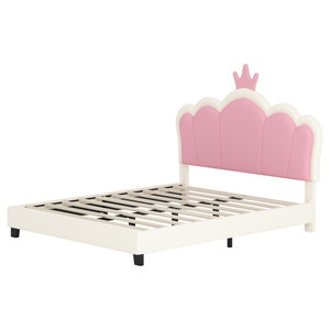 Cama Princesa Moderna Ajustable Tapizada con Cabecero Acolchado en Forma de Corona, Base de Plataforma, Cabecero y Pie de Cama en Color Crema y Rosa - Product Image 4