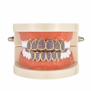 Rapero inferior y superior cuerpo de latón joyería de hip hop para hombre helado de oro diamante bling dientes grillz conjunto - Product Image 1