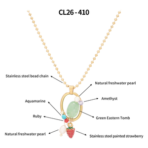 Collana Minimalista in Acciaio Inossidabile con Ciondolo a Fragola Dipinta in Agata, Catena Ovale Intrecciata, Tema Giardino Botanico Incantato, Madre e Figlio - Product Image 2