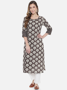 Ensemble Kurti pour femmes en coton écologique vintage imprimé à la main, manches trois quarts, col rond, coupe ample, robe décontractée pour tous les jours - Product Image 1