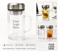 Mug à thé en verre borosilicate à double paroi de 350 ml avec logo personnalisé, avec poignée, couvercle en acier inoxydable et infuseur amovible pour la maison et le bureau