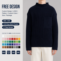 Fabricant de tricots sur mesure – Pull épais à col montant côtelé bleu marine avec poche poitrine, manches longues, pour l'hiver, décontracté, vente en gros