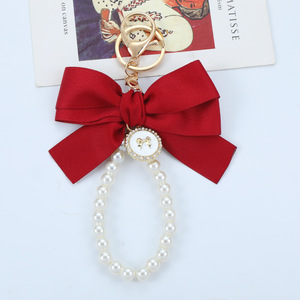 Fashion Luxury Bow Keychain Pearl Wrist Strap Cute Bowknot Cheer Key Rings Bag Charm Pendent Bow Pearl Keychain Women Key Chains