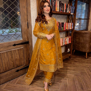 <b>Women's</b> Mustard Embroidered <b>Kurta</b> Set With Gold Thread Work Floor-Length Traditional Indian Pakistani Wear All Seasons - Product Image 1