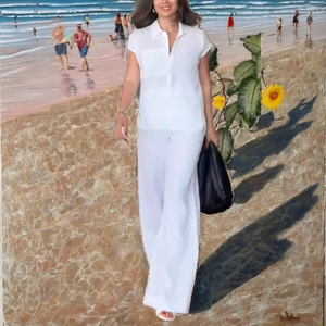 Moda estiva Casual da <span class=keywords><strong>donna</strong></span> in cotone e <span class=keywords><strong>lino</strong></span> due pezzi traspirante a mezza camicia a maniche corte <span class=keywords><strong>pantaloni</strong></span> larghi in Chiffon tinta unita XXS XL - Product Image 2