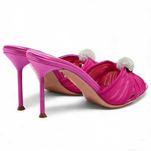 Sandalias de tacón fino con punta abierta de color rosa vibrante, adorno de diamantes brillantes para fiesta, zapatos de tacón para mujer, sin cordones, para verano - Product Image 3