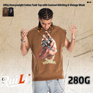T-shirt vintage nera lavata senza maniche 100% cotone da <span class=keywords><strong>uomo</strong></span>, canotta hip hop con stampa grafica, streetwear oversize - Product Image 5