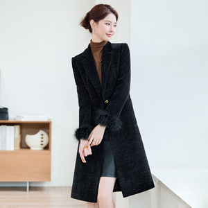 Women's Wool Trench Coat Black Long Elegant High-End Corduroy Thickened Warm Coat - Product Image 4