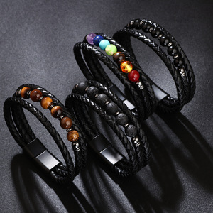 Bracelet en cuir tissé pour homme avec perles de sept couleurs et fermoir magnétique, bijoux tendance - Product Image 2