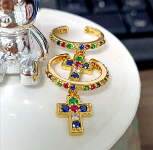 Foxi <span class=keywords><strong>Jewelry</strong></span> <span class=keywords><strong>Stock</strong></span> Envío rápido Rainbow Zircon Fashion Cuff Pendientes con colgante Cross Charm - Product Image 1