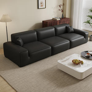 Canapé italien minimaliste, forme droite, cuir de vachette noir, style moderne et simple, ensemble de canapés pour petits appartements - Product Image 1