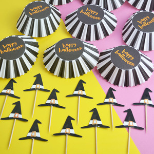 Kit <span class=keywords><strong>de</strong></span> Decoración para 24 Cupcakes <span class=keywords><strong>de</strong></span> Halloween, Adornos <span class=keywords><strong>de</strong></span> Sombrero <span class=keywords><strong>de</strong></span> Bruja y Envoltorios a Rayas con la Frase Happy Halloween para Postres <span class=keywords><strong>de</strong></span> Fiesta - Product Image 2