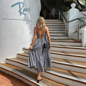 <span class=keywords><strong>Jupe</strong></span> à plusieurs niveaux robe vichy croix dos à volants robe mi-longue femmes été élégant robes décontractées personnalisé à carreaux plissé coton Plaid - Product Image 4