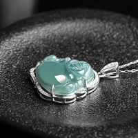 Pendentif Amitabha Bouddha en argent S925, bleu émeraude naturel, avec un pendentif en pierre de jade de qualité glace.