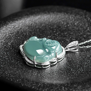Pendentif Amitabha Bouddha en argent S925, bleu émeraude naturel, avec un pendentif en pierre de jade de qualité glace. - Product Image 5