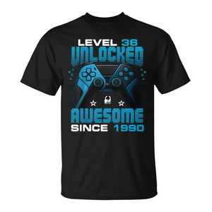 Camiseta de juego Level 36 Unlocked Awesome Since 1990 para el 36.º cumpleaños - Product Image 2