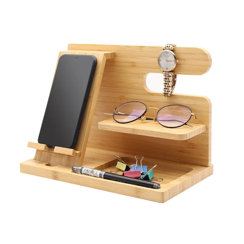 Premium Durable Wood Bamboo Wooden Stationery Key Watch Cellphone Organizer For Desk Top