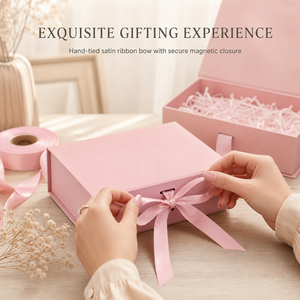 Custom <b>Pink</b> Collapsible Rigid Paperboard Gift Box Ribbon Tie Hot Stamping Logo Printing | Luxury Foldable Candle Packaging Box - Product Image 6