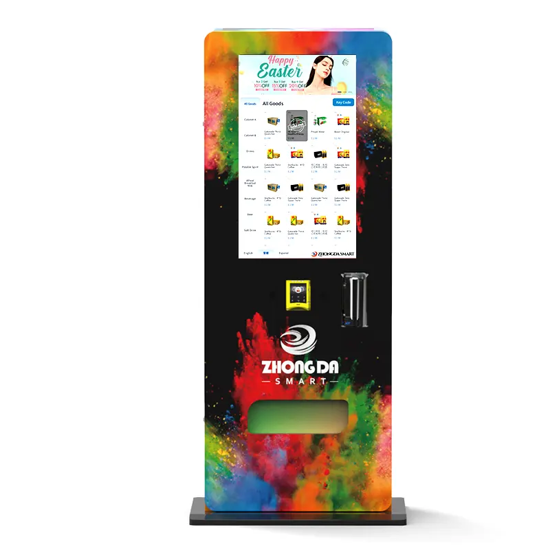 Máquina de venda automática montada na parede Zhongda, leitor de identificação, verificação de idade, tela de toque digital de 32 "", máquina expendedora