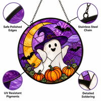 Attrape-soleil en vitrail fait main POD, motif fantôme mignon et effrayant, croissant de lune et citrouille, décoration de fenêtre pour fête d'Halloween