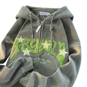 เสื้อฮู้ดซิป GREEN OUNGGCHI ผ้าคอร์ดูรอย พิมพ์ลายดาว ดีไซน์โอเวอร์ไซส์ ใส่ได้ทั้งชายและหญิง สไตล์ลำลอง สำหรับฤดูใบไม้ร่วง ทรงปกติ - Product Image 1