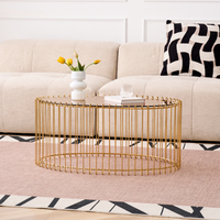 Table basse ovale de luxe en or avec structure en fil métallique et plateau en verre pour salon moderne