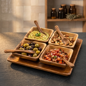 Ensemble de service artisanal en bois d'acacia, 4 bols carrés, cuillères, plateau, plats à collation en bois, vaisselle de restauration, compatible lave-vaisselle - Product Image 2